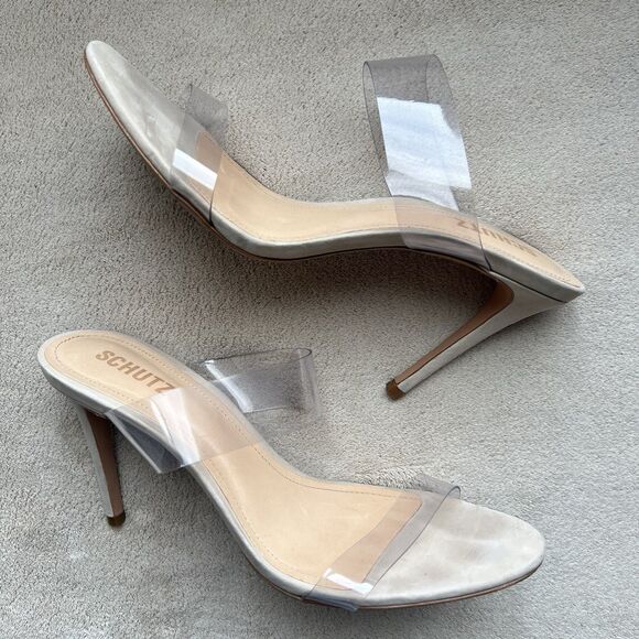 Schutz Ariella Clear Straps Heeled Sandals Beige Leather Inner Sole Women 9.5 B - Picture 1 of 15